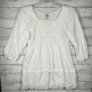 XCVI Babydoll Fringe Accent Oversized White Cotton Tunic Top S